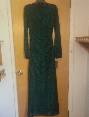 Betsy & Adam Emerald Green Long Sleeve Metallic Gown